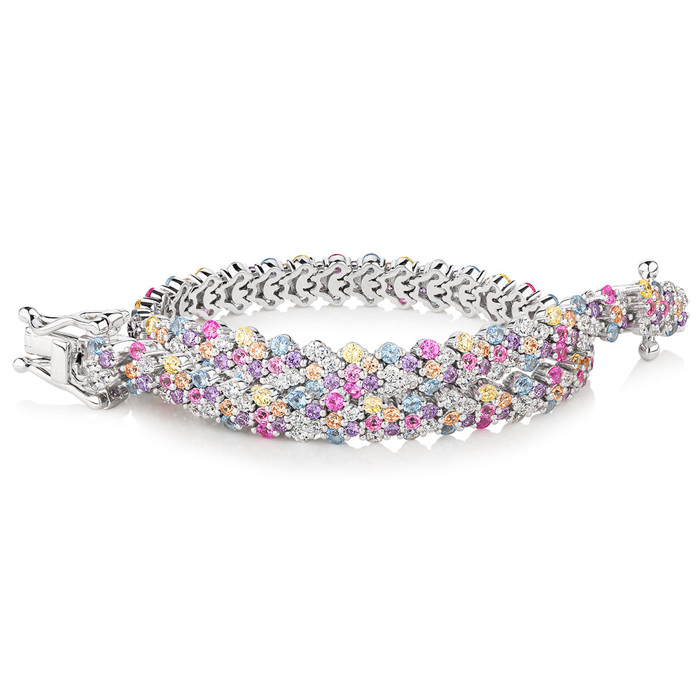 Statement bracelet with ruby and amethyst simulants and 2.08 carats* of diamond simulants in sterling silver