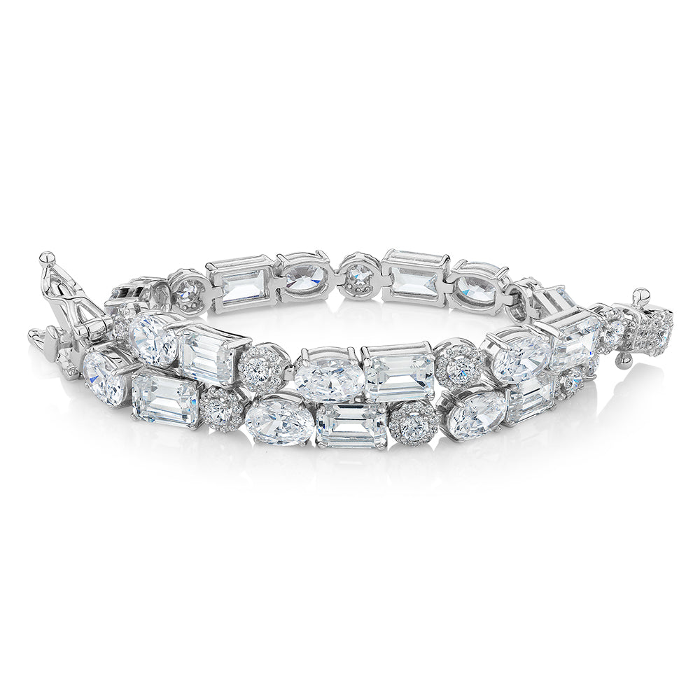 Emerald Cut, Oval and Round Brilliant tennis bracelet with 21.98 carats* of diamond simulants in sterling silver