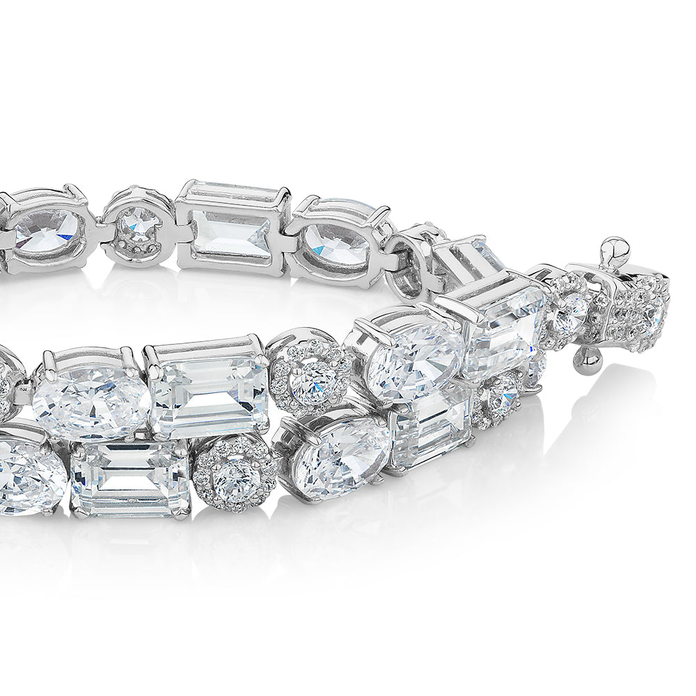 Emerald Cut, Oval and Round Brilliant tennis bracelet with 21.98 carats* of diamond simulants in sterling silver