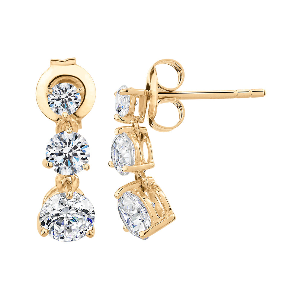Round Brilliant drop earrings with 1.64 carats* of diamond simulants in 10 carat yellow gold