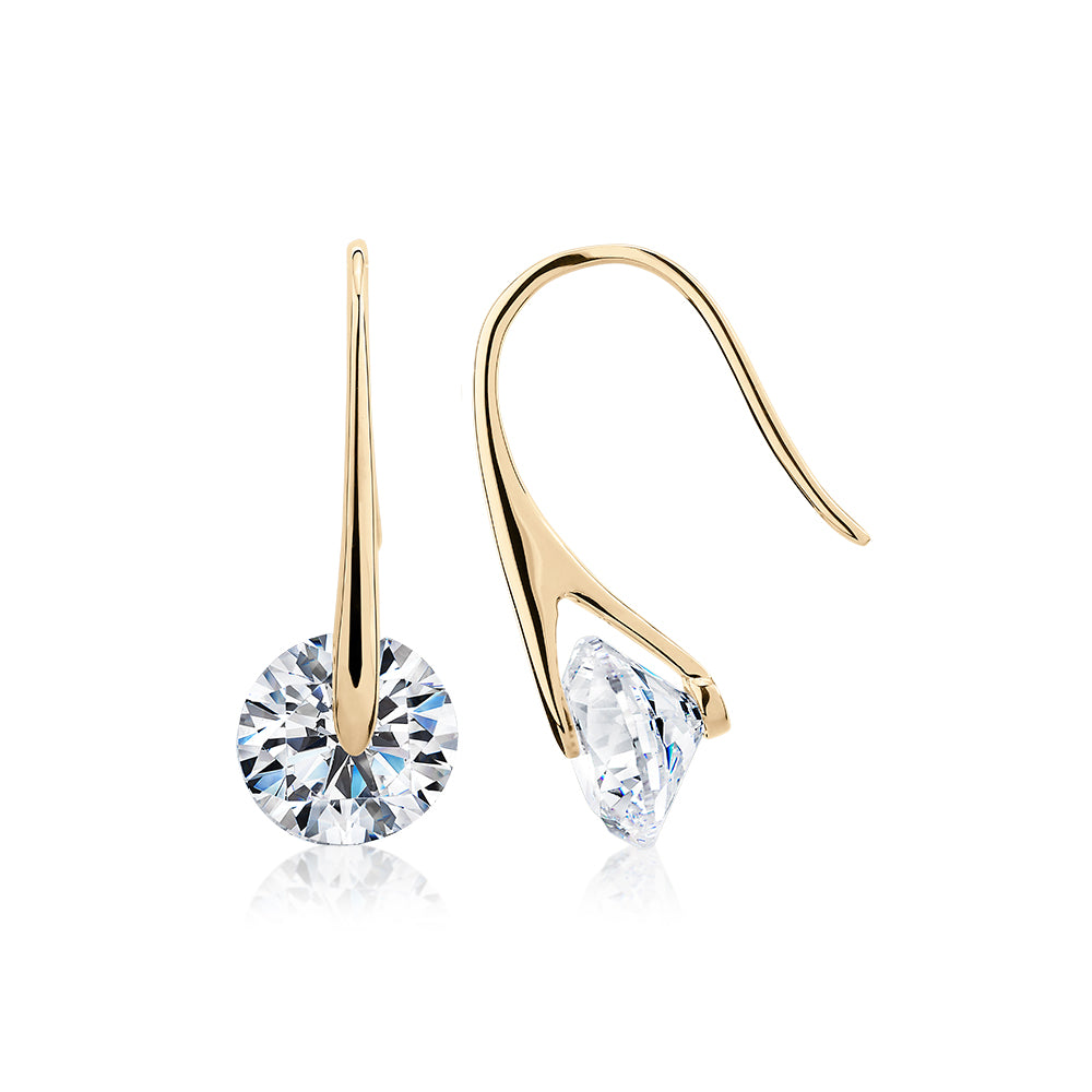 Round Brilliant drop earrings with 3.34 carats* of diamond simulants in 10 carat yellow gold