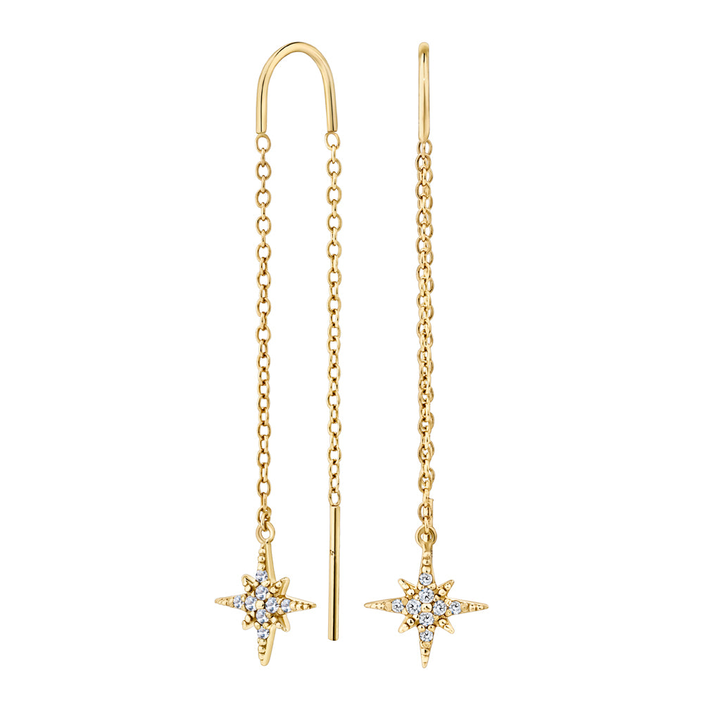 Round Brilliant Signature Simulant drop meteor earrings in 18 carat yellow gold vermeil