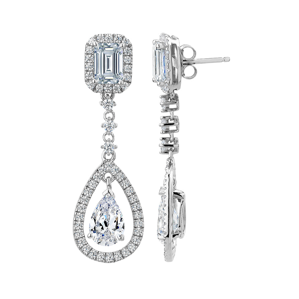 Pear, Emerald Cut and Round Brilliant drop earrings with 5.1 carats* of diamond simulants in sterling silver