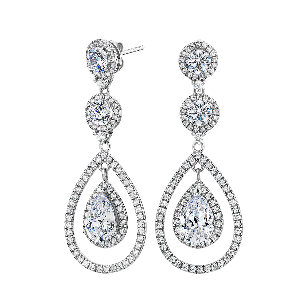 Pear and Round Brilliant drop earrings with 7 carats* of diamond simulants in sterling silver