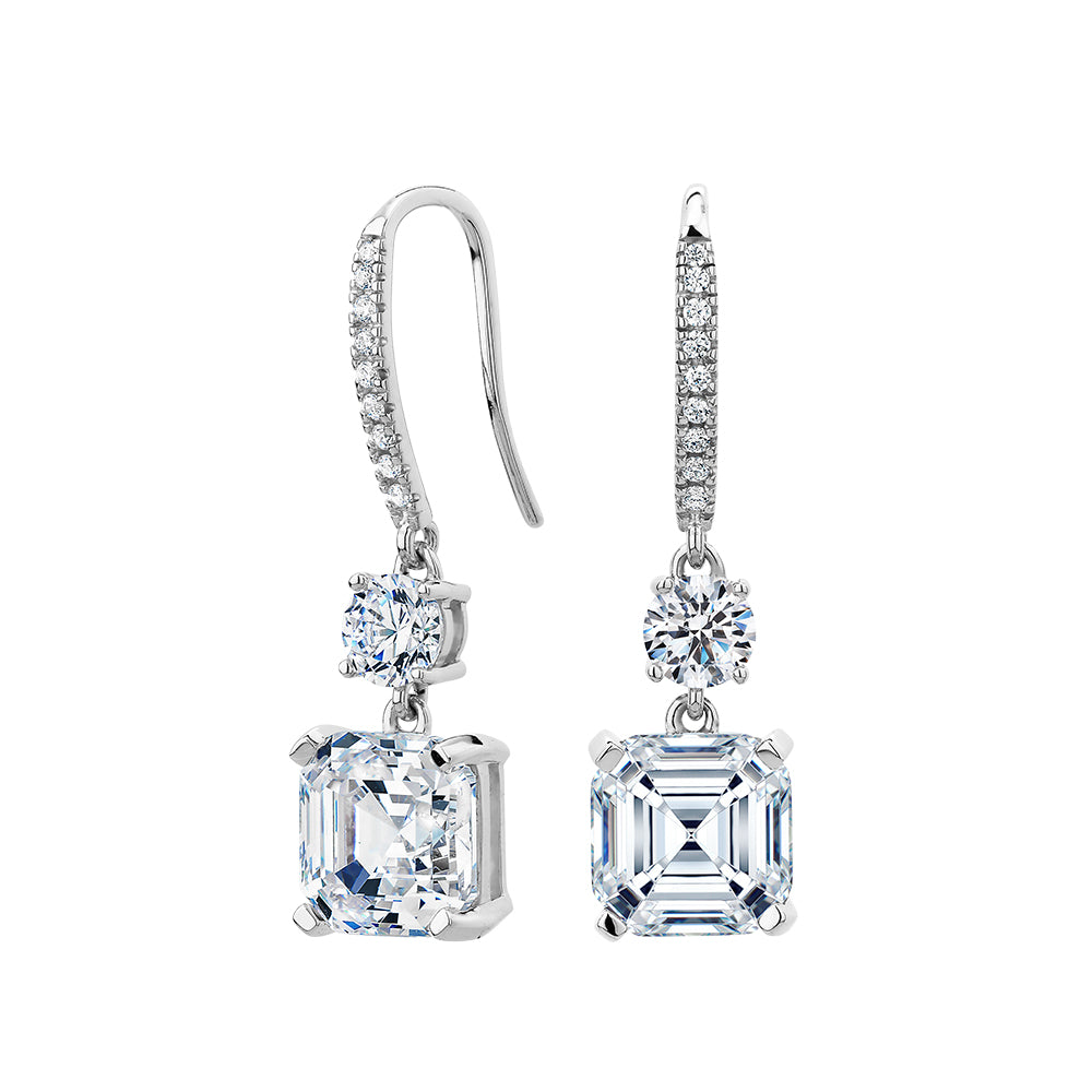 Asscher and Round Brilliant drop earrings with 7.2 carats* of diamond simulants in sterling silver