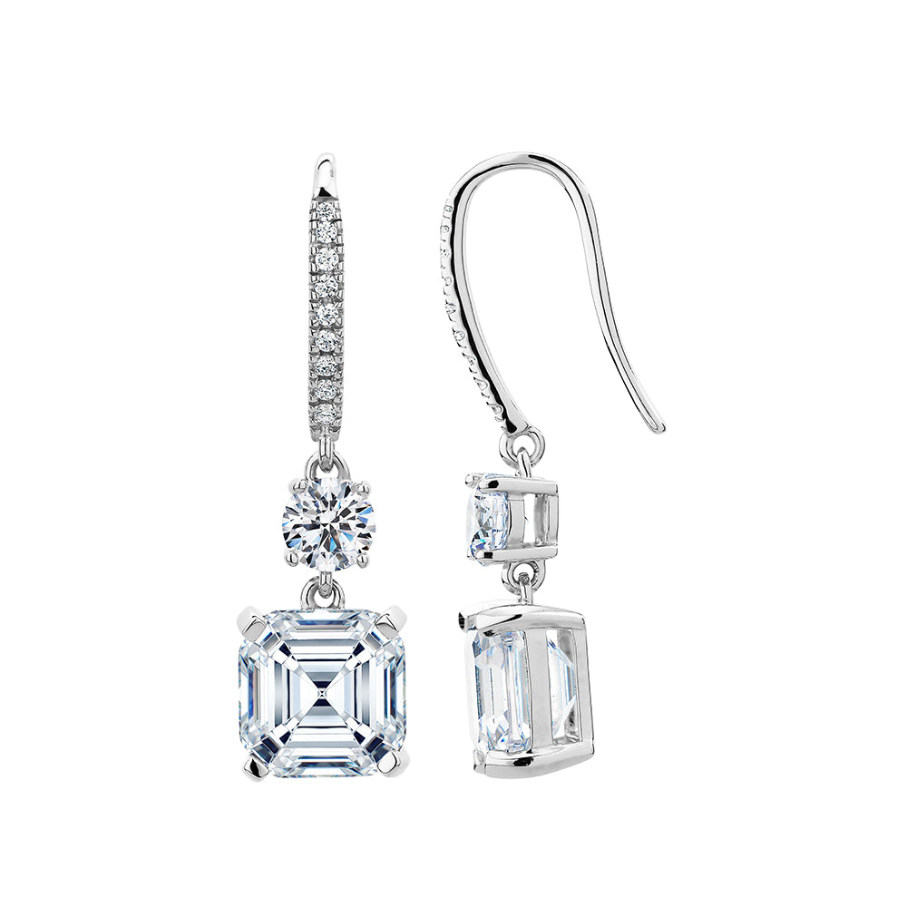Asscher and Round Brilliant drop earrings with 7.2 carats* of diamond simulants in sterling silver