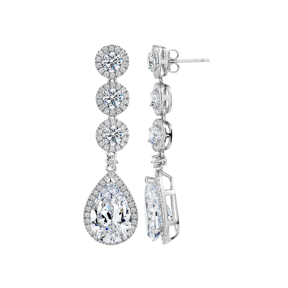 Pear and Round Brilliant drop earrings with 14.5 carats* of diamond simulants in sterling silver