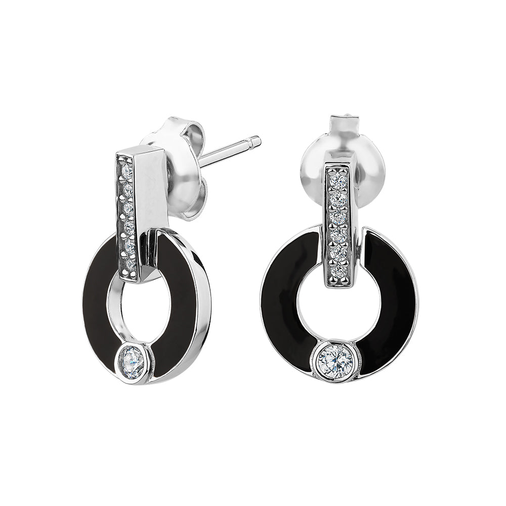 Round Brilliant drop earrings with 0.23 carats* of diamond simulants in black enamel and sterling silver