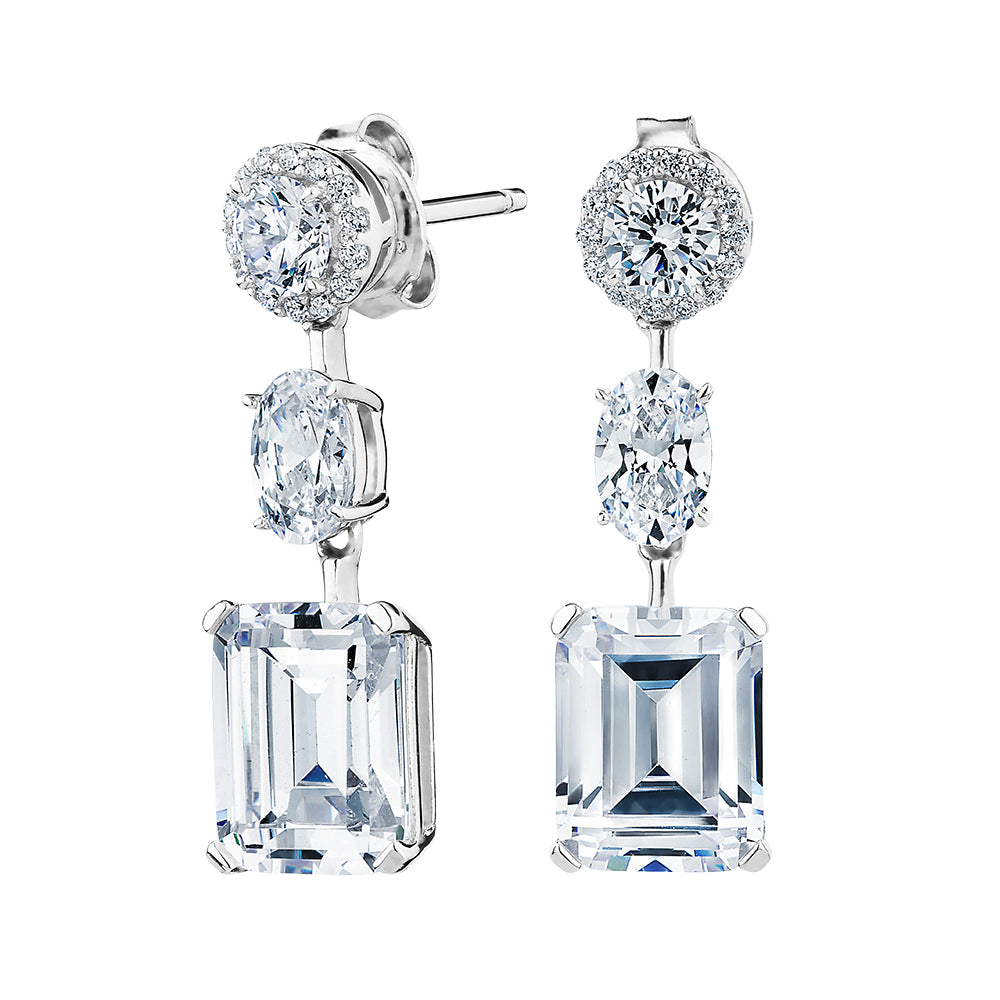 Emerald Cut, Oval and Round Brilliant drop earrings with 5.22 carats* of diamond simulants in sterling silver