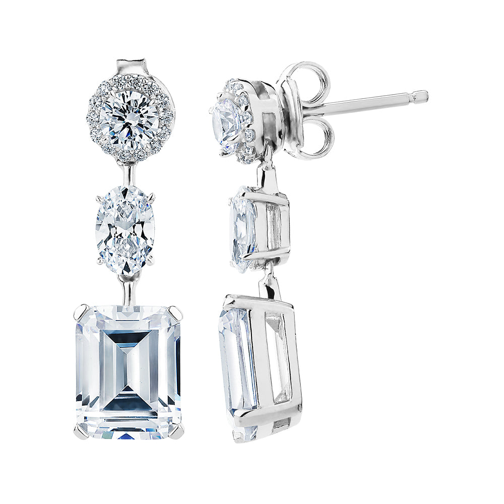 Emerald Cut, Oval and Round Brilliant drop earrings with 5.22 carats* of diamond simulants in sterling silver