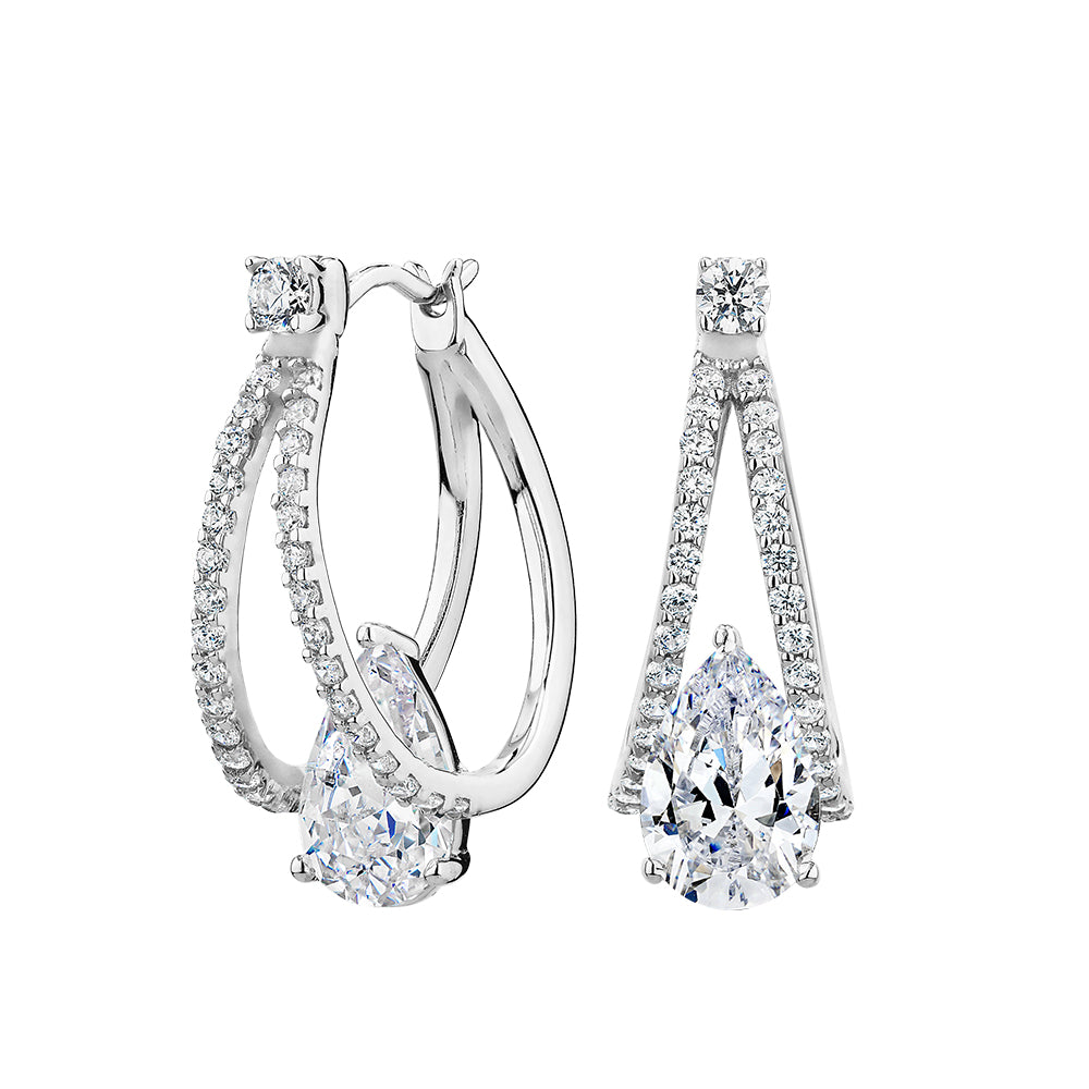 Pear and Round Brilliant drop earrings with 3.18 carats* of diamond simulants in sterling silver