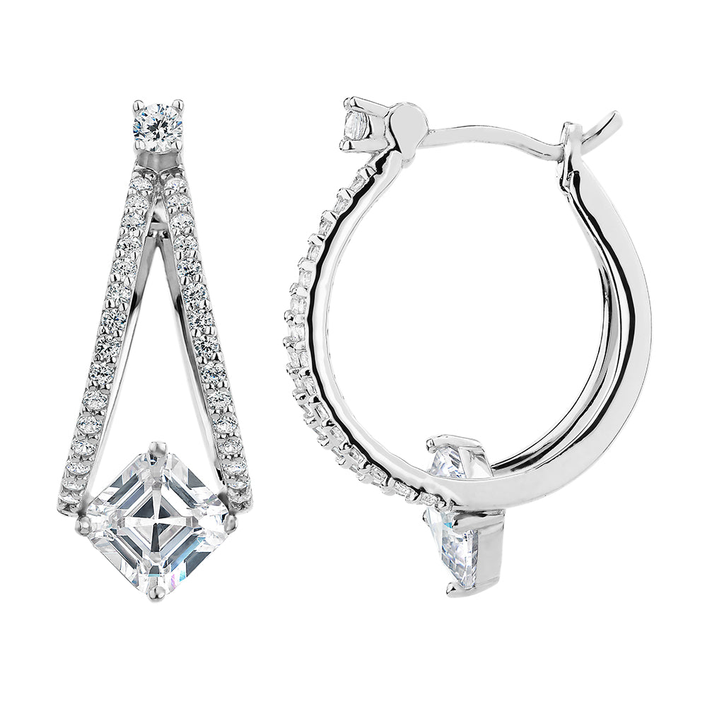 Asscher and Round Brilliant drop earrings with 3.2 carats* of diamond simulants in sterling silver