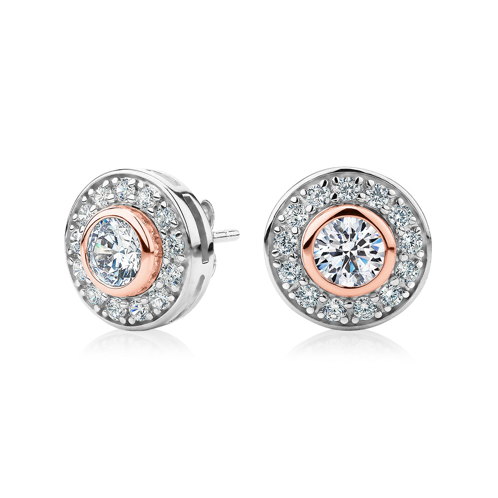 Round Brilliant halo stud earrings with 1.9 carats* of diamond simulants in 10 carat rose gold and sterling silver