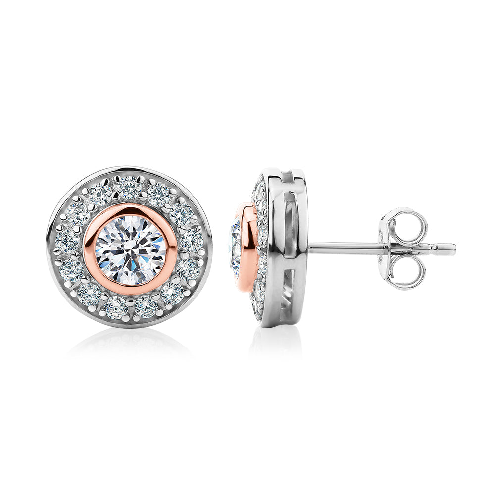 Round Brilliant halo stud earrings with 1.9 carats* of diamond simulants in 10 carat rose gold and sterling silver