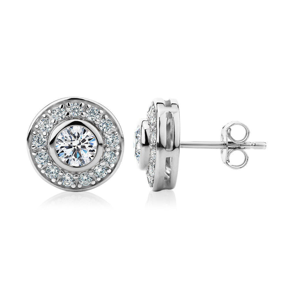 Round Brilliant halo stud earrings with 1.9 carats of diamond simulants in sterling silver