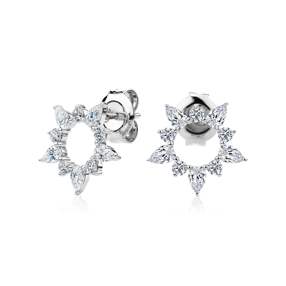 Pear and Round Brilliant fancy earrings with 1.45 carats* of diamond simulants in 10 carat white gold