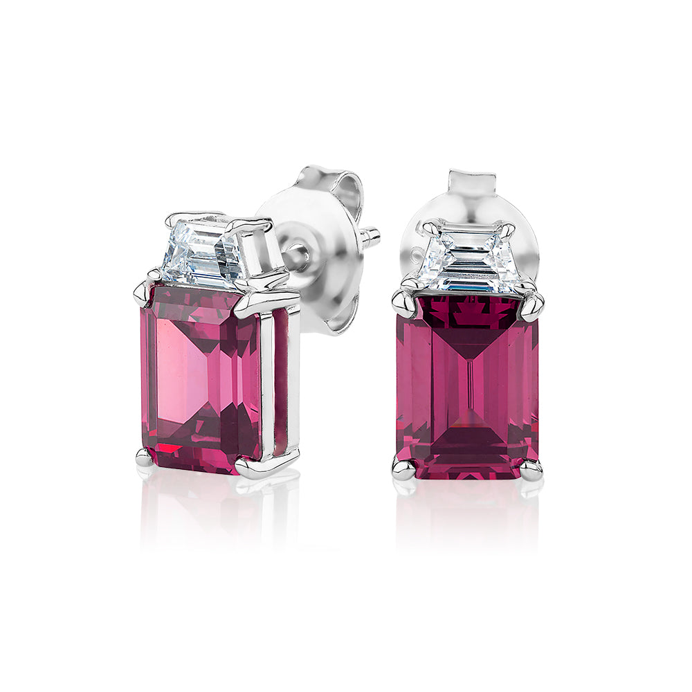 Emerald Cut and Trapezoid fancy earrings with rhodolite and diamond simulants in sterling silver