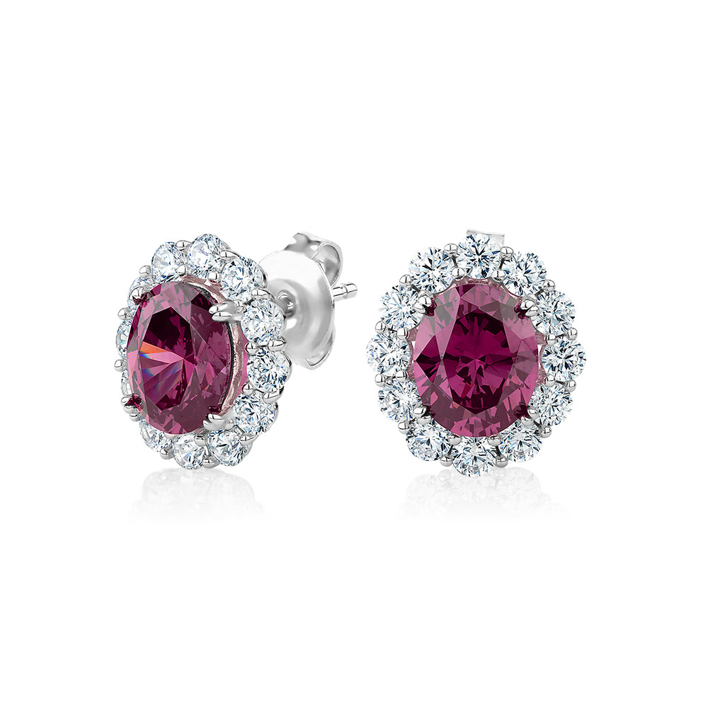 Oval and Round Brilliant fancy earrings with rhodolite simulants and 0.96 carats* of diamond simulants in sterling silver