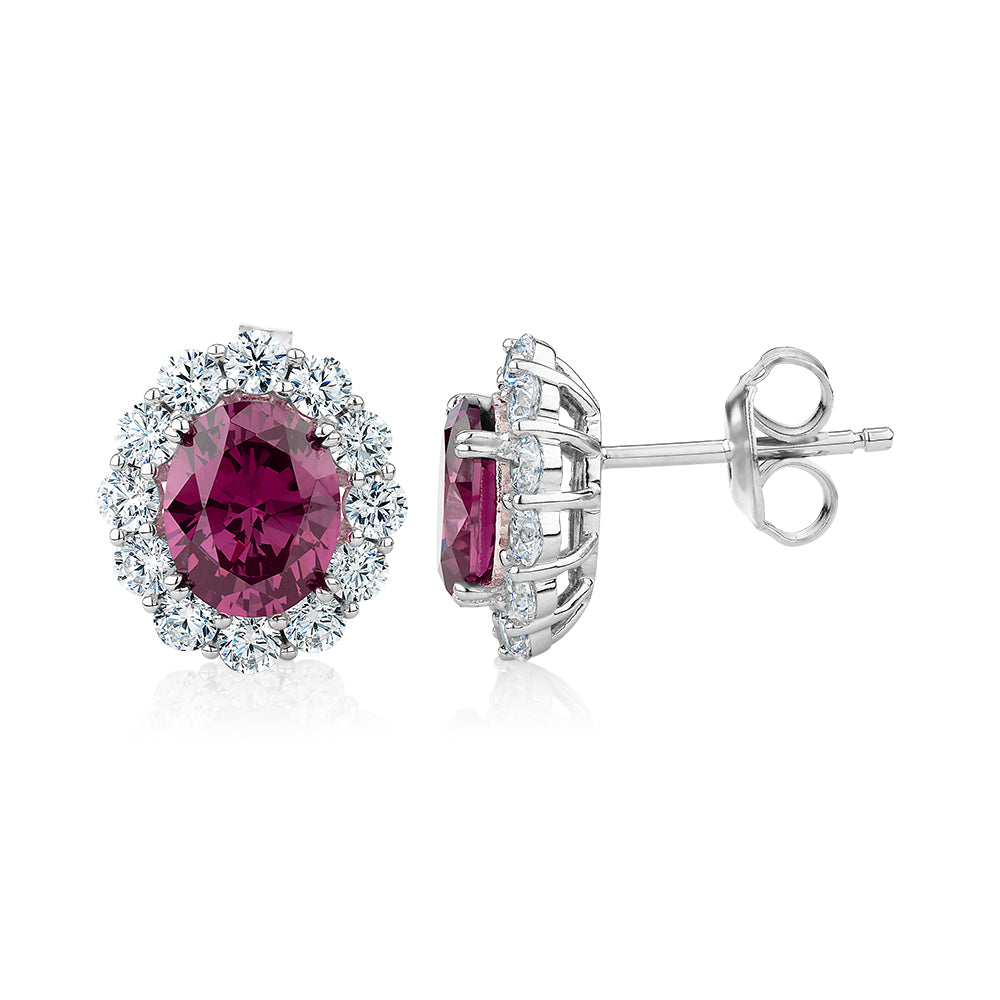 Oval and Round Brilliant fancy earrings with rhodolite simulants and 0.96 carats* of diamond simulants in sterling silver