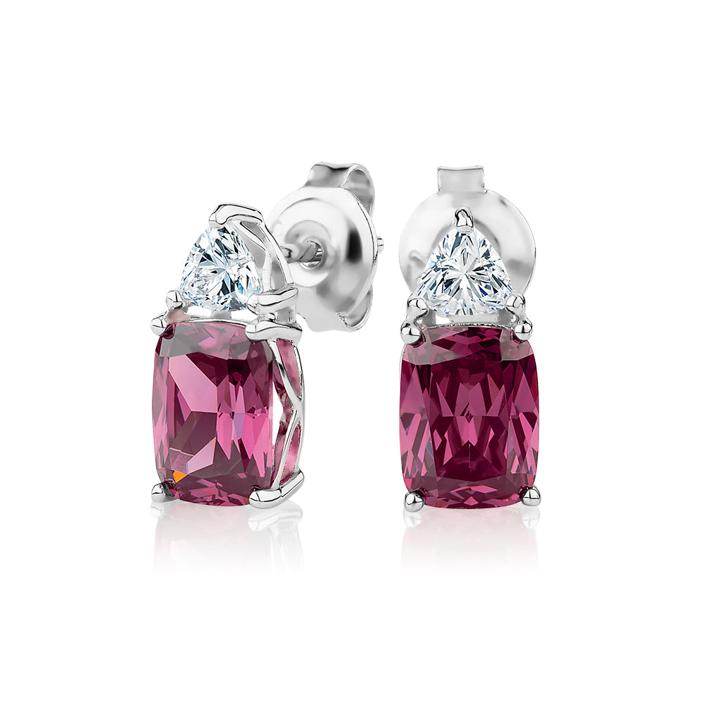 Radiant Cushion and Trilliant fancy earrings with rhodolite simulants and 0.46 carats* of diamond simulants in sterling silver