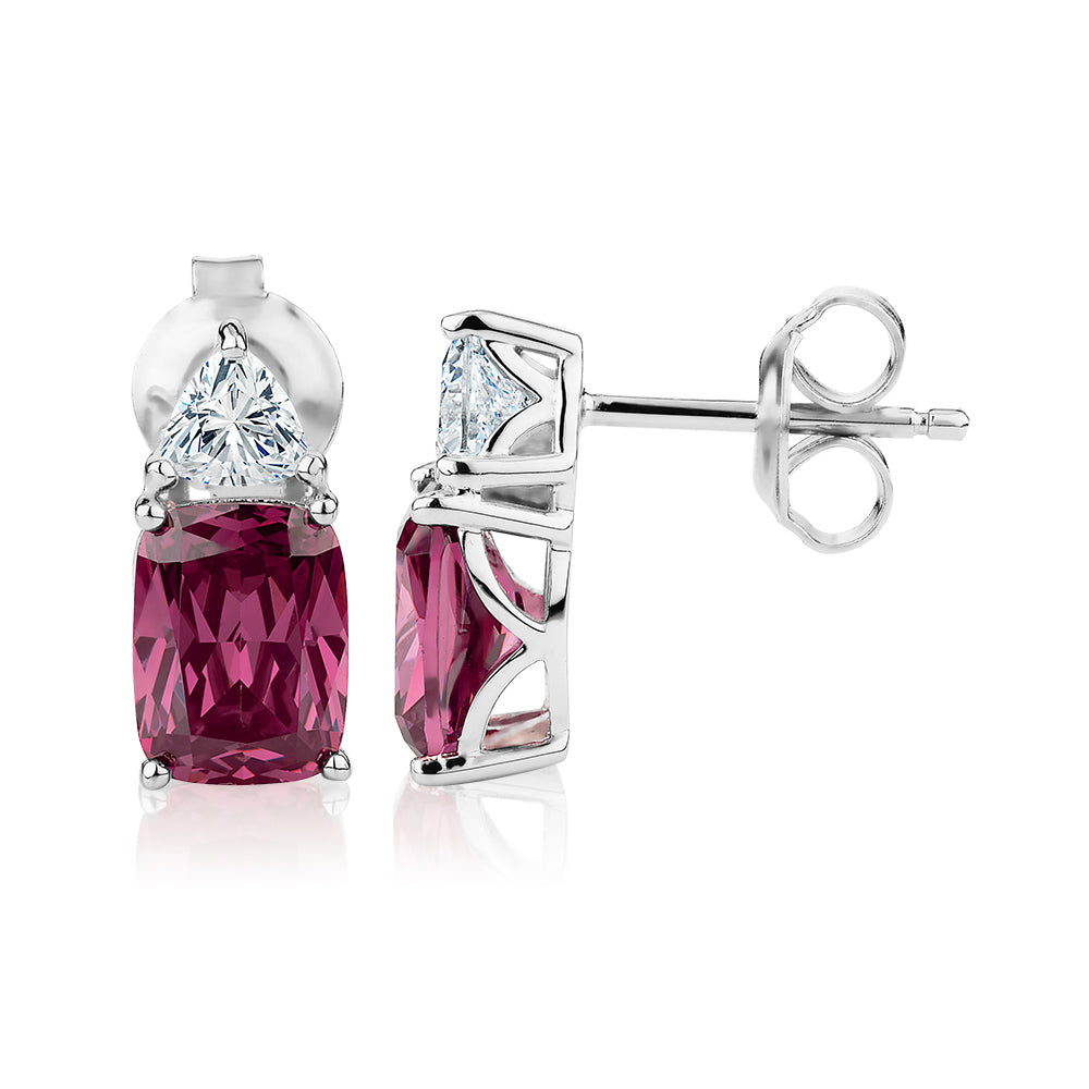 Radiant Cushion and Trilliant fancy earrings with rhodolite simulants and 0.46 carats* of diamond simulants in sterling silver