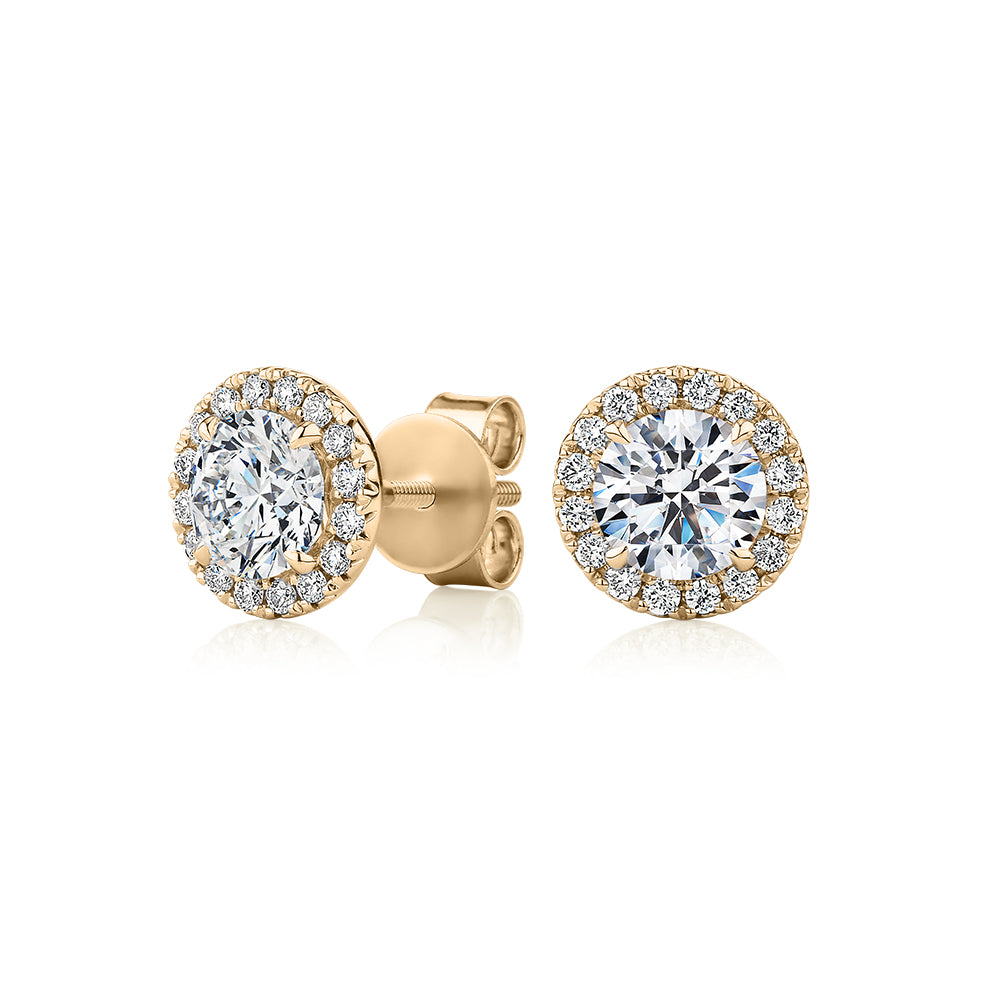 Premium Certified Laboratory Created Diamond, 1.67 carat TW round brilliant halo earrings in 18 carat yellow gold