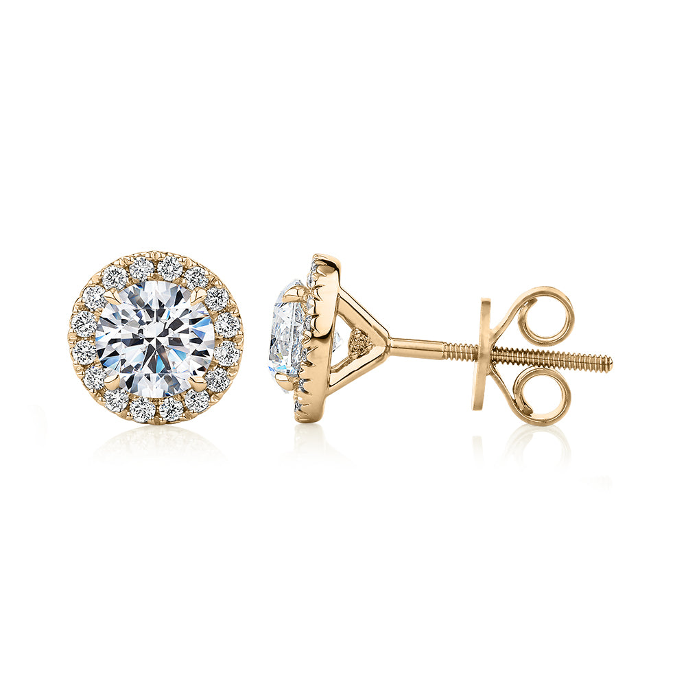 Premium Certified Laboratory Created Diamond, 1.67 carat TW round brilliant halo earrings in 14 carat yellow gold