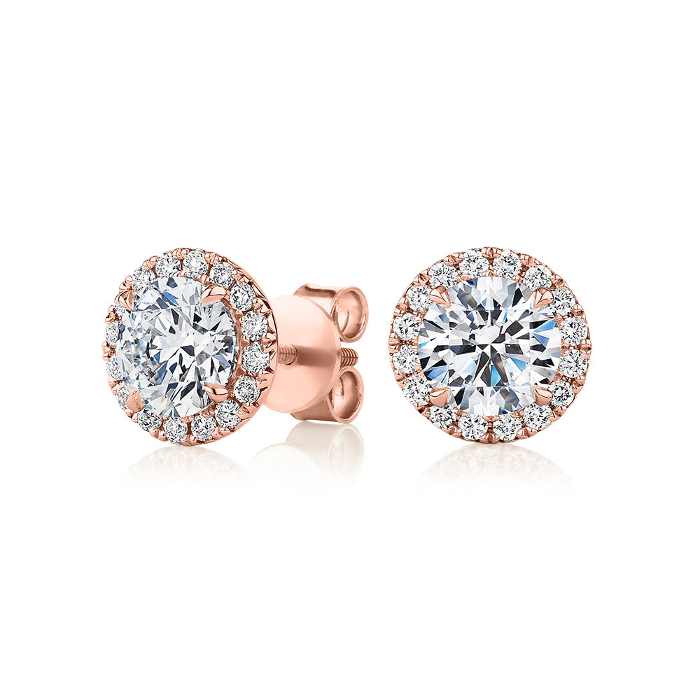 Premium Certified Laboratory Created Diamond, 2.35 carat TW round brilliant halo earrings in 18 carat rose gold