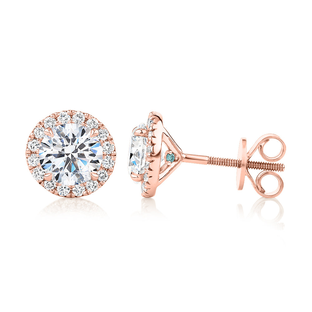 Premium Certified Laboratory Created Diamond, 2.35 carat TW round brilliant halo earrings in 18 carat rose gold