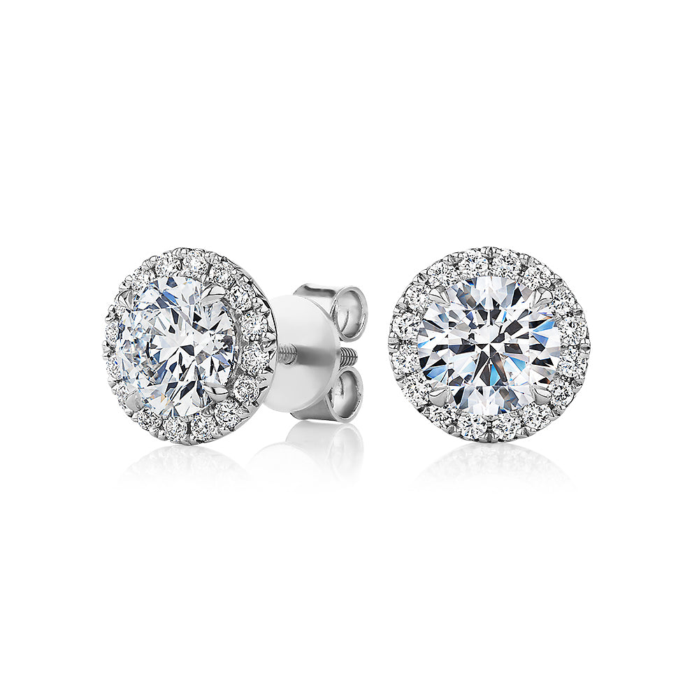 Premium Certified Laboratory Created Diamond, 2.35 carat TW round brilliant halo earrings in 14 carat white gold