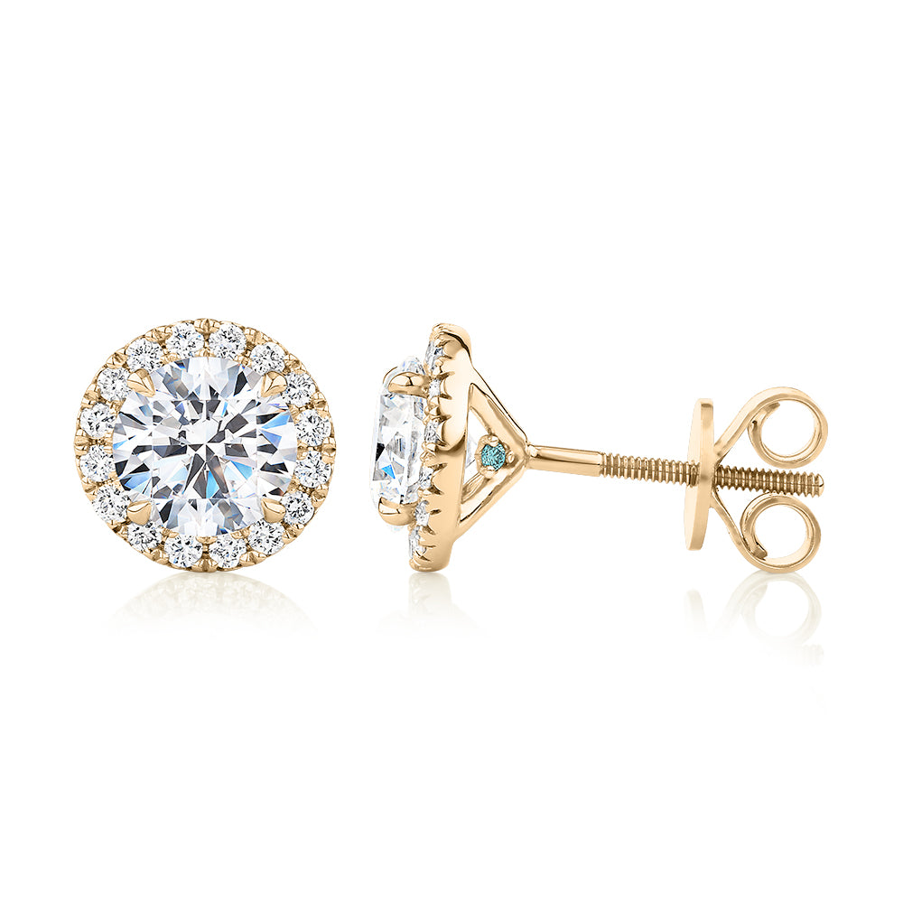 Premium Certified Laboratory Created Diamond, 2.35 carat TW round brilliant halo earrings in 14 carat yellow gold