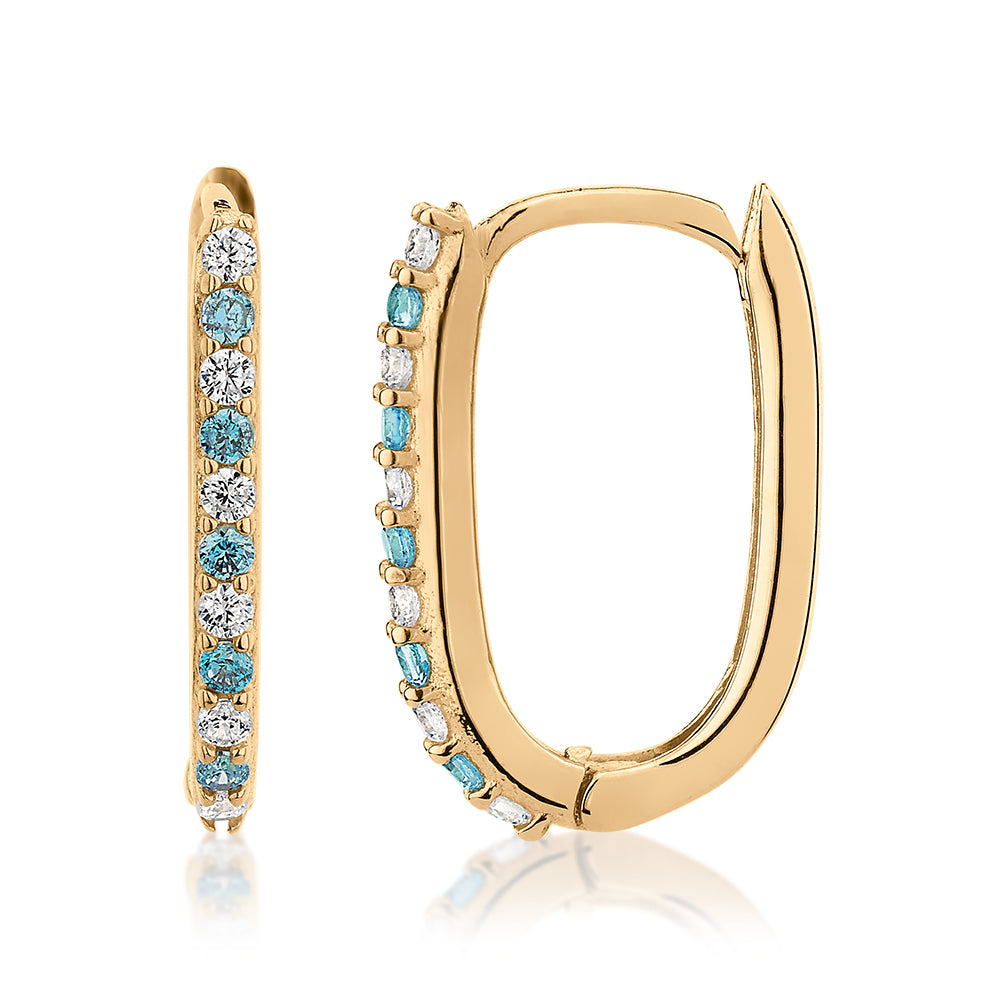 Round Brilliant hoop earrings with diamond and aqua marine simulants in 10 carat yellow gold