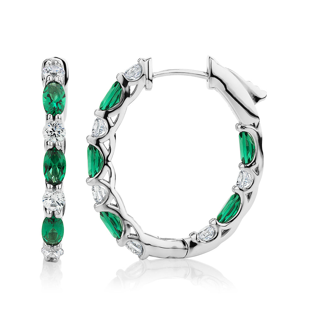 Round Brilliant and Oval hoop earrings with emerald simulants and 1.32 carats* of diamond simulants