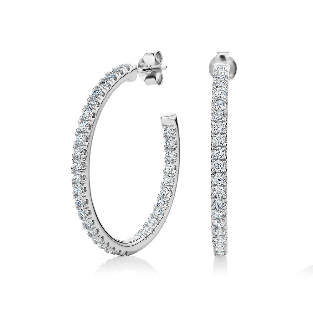 Round Brilliant hoop earrings with 2 carats* of diamond simulants in sterling silver