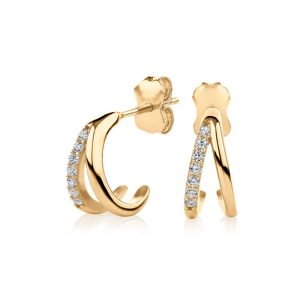 Round Brilliant hoop earrings with diamond simulants in 10 carat yellow gold