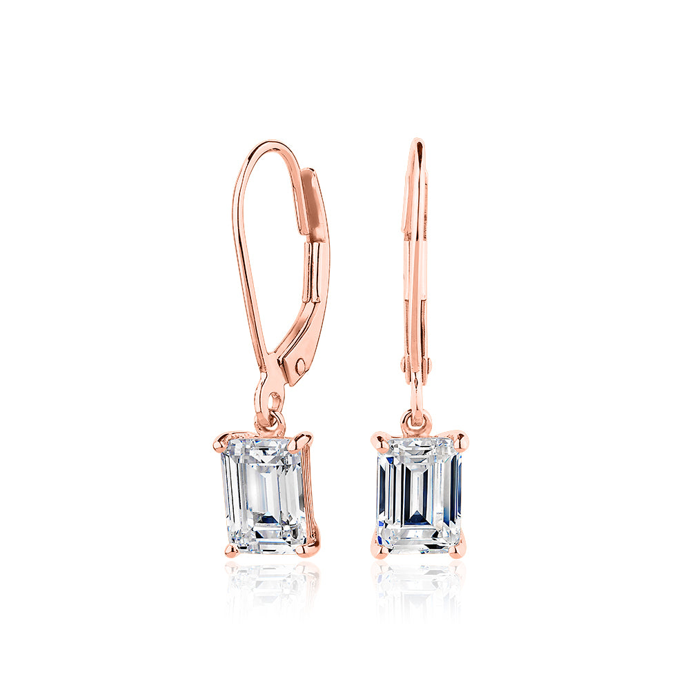 Emerald Cut drop earrings with 2 carats* of diamond simulants in 10 carat rose gold