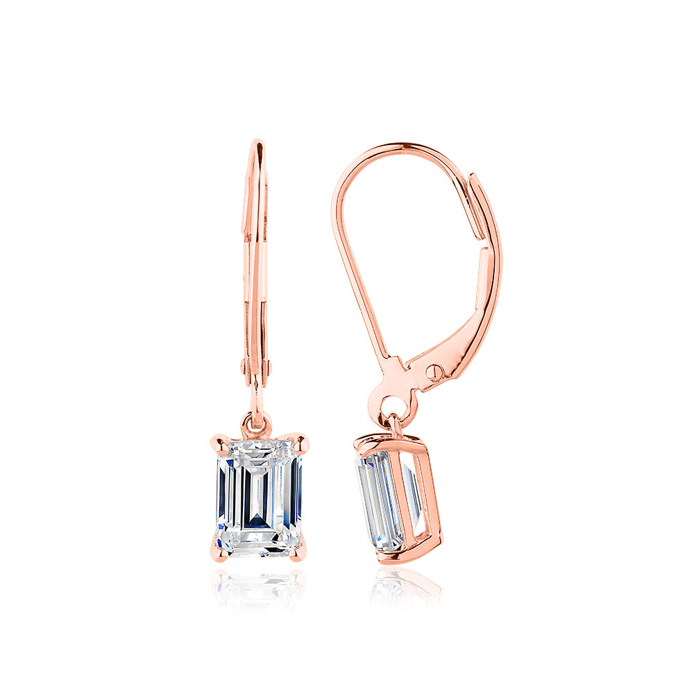 Emerald Cut drop earrings with 2 carats* of diamond simulants in 10 carat rose gold