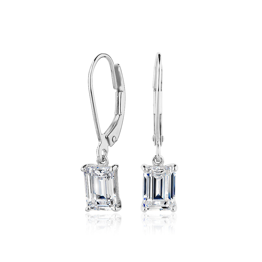 Emerald Cut drop earrings with 2 carats* of diamond simulants in 10 carat white gold