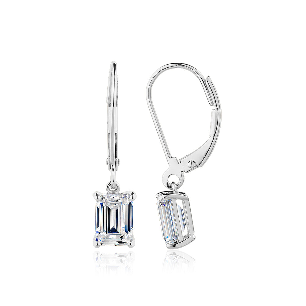 Emerald Cut drop earrings with 2 carats* of diamond simulants in 10 carat white gold