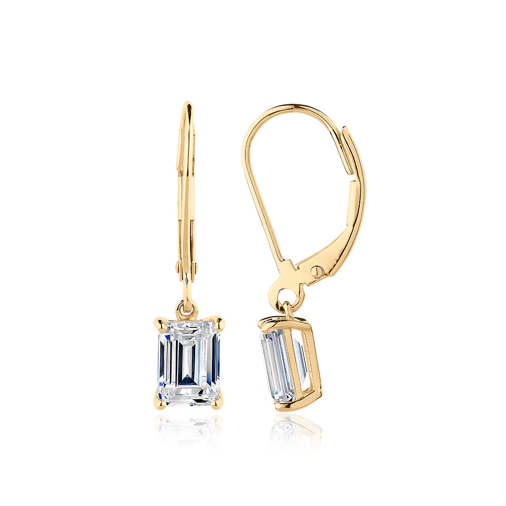 Emerald Cut drop earrings with 2 carats* of diamond simulants in 10 carat yellow gold