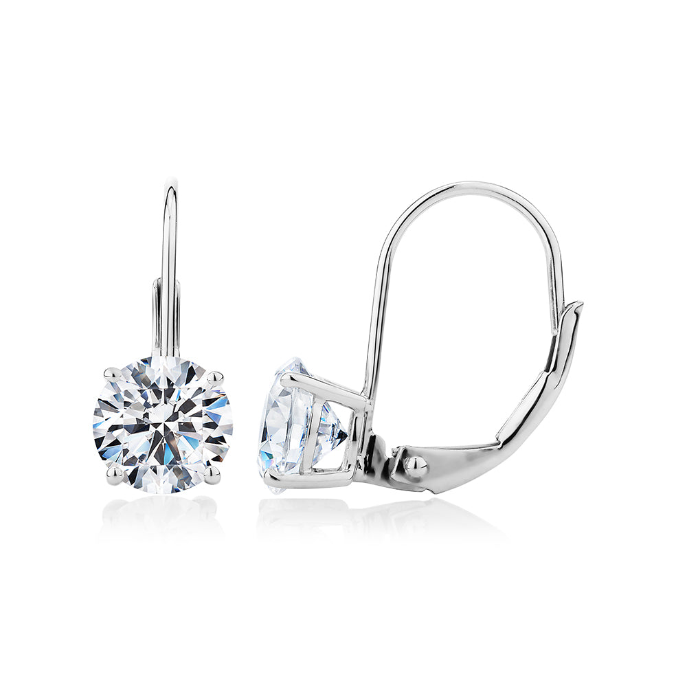 Round Brilliant drop earrings with 2 carats* of diamond simulants in 10 carat white gold