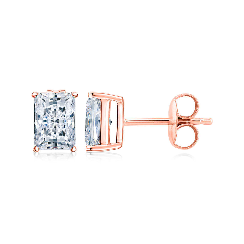 Radiant stud earrings with 2 carats* of diamond simulants in 10 carat rose gold