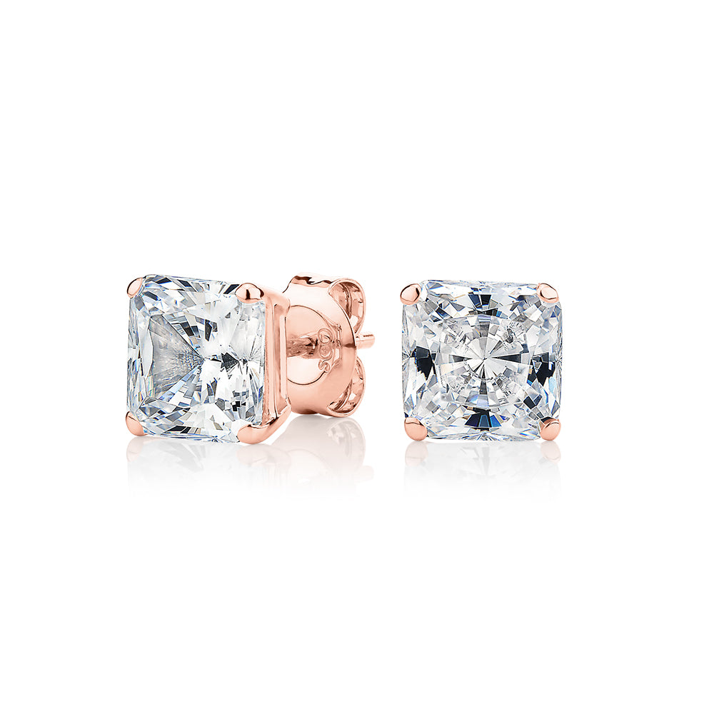 Princess Cut stud earrings with 3 carats* of diamond simulants in 10 carat rose gold