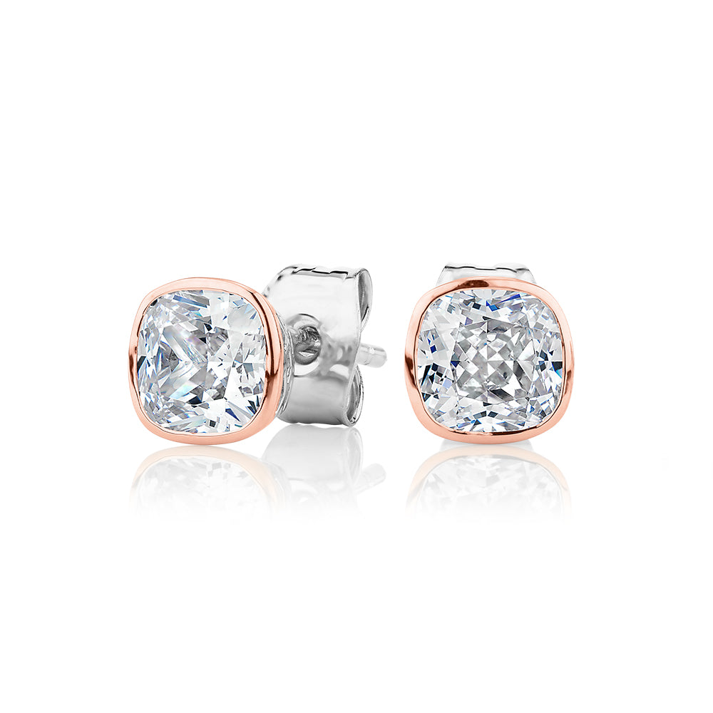 Cushion stud earrings with 1.52 carats* of diamond simulants in 10 carat rose gold and sterling silver