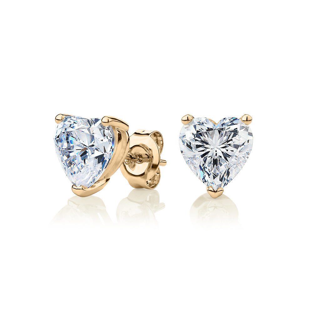 Heart stud earrings with 3.42 carats* of diamond simulants in 10 carat yellow gold