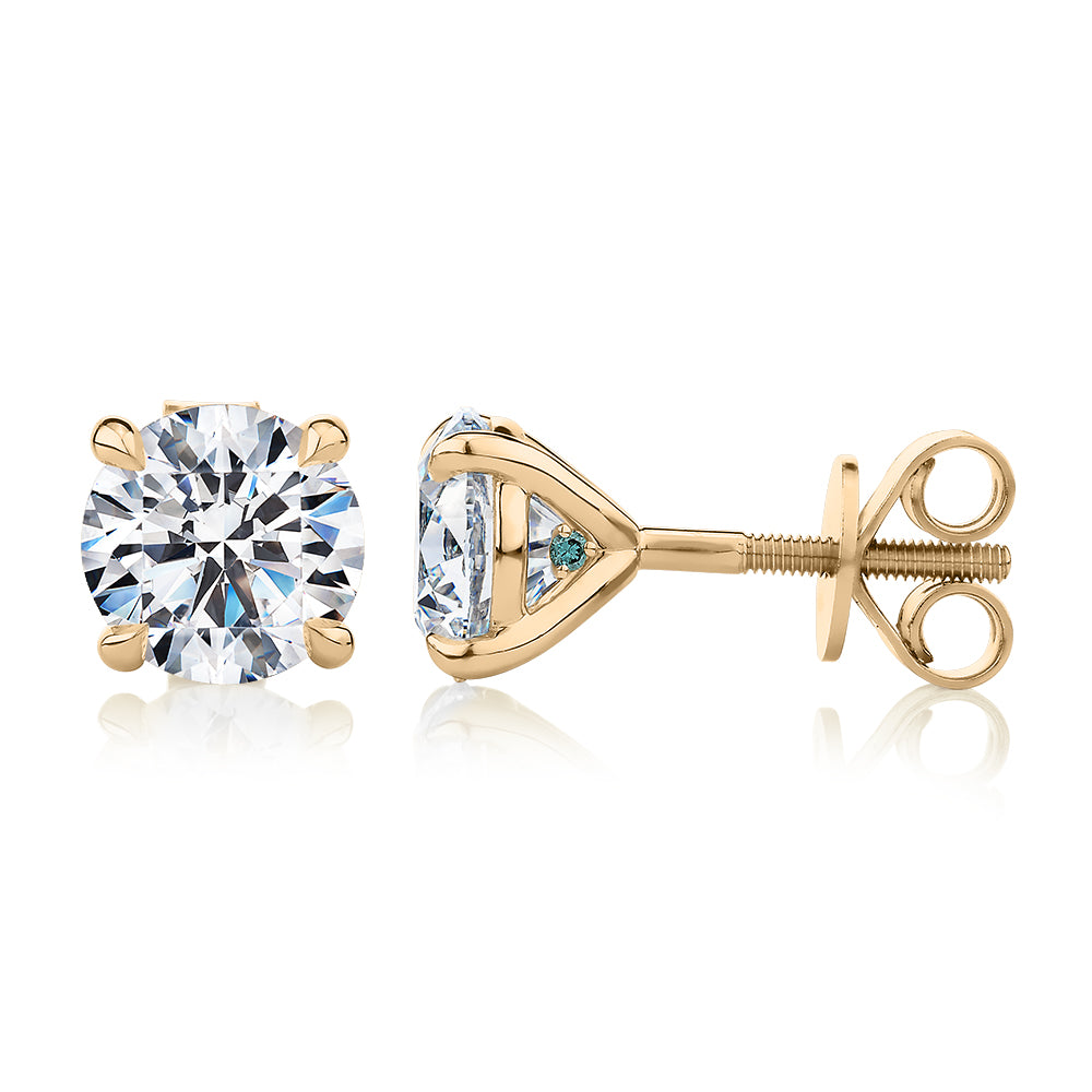 Premium Certified Laboratory Created Diamond, 3.00 carat TW round brilliant stud earrings in 14 carat yellow gold