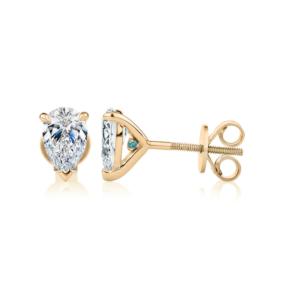 Premium Certified Laboratory Created Diamond, 1.40 carat TW pear stud earrings in 14 carat yellow gold