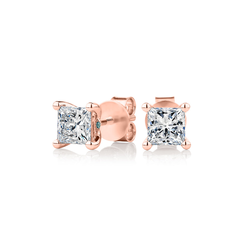 Premium Laboratory Created Diamond, 1.40 carat TW princess cut stud earrings in 18 carat rose gold