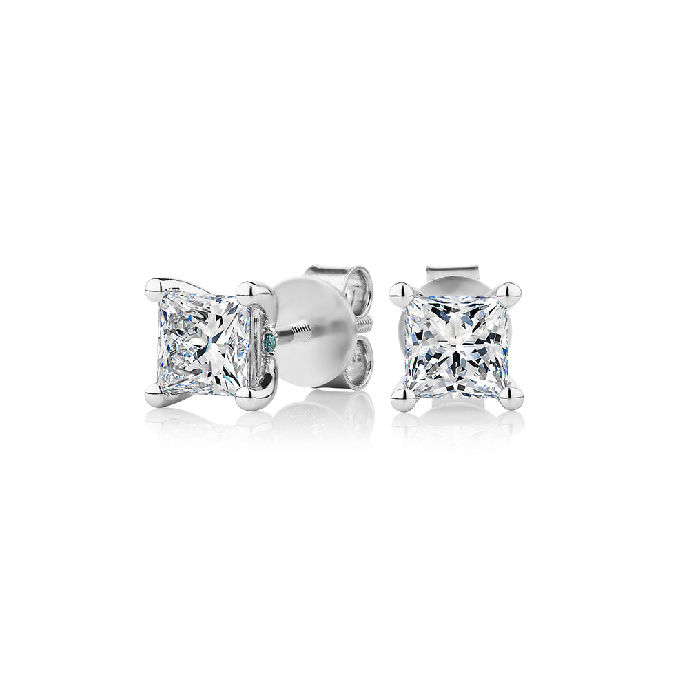 Premium Laboratory Created Diamond, 1.40 carat TW princess cut stud earrings in 14 carat white gold