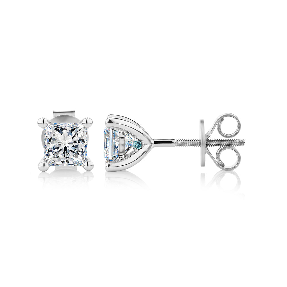 Premium Laboratory Created Diamond, 1.40 carat TW princess cut stud earrings in 18 carat white gold